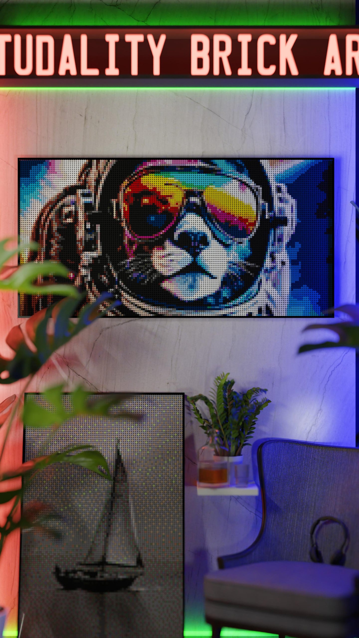 Purrsuit of Space LEGO® Style mosaic wall art made from colorful plastic bricks